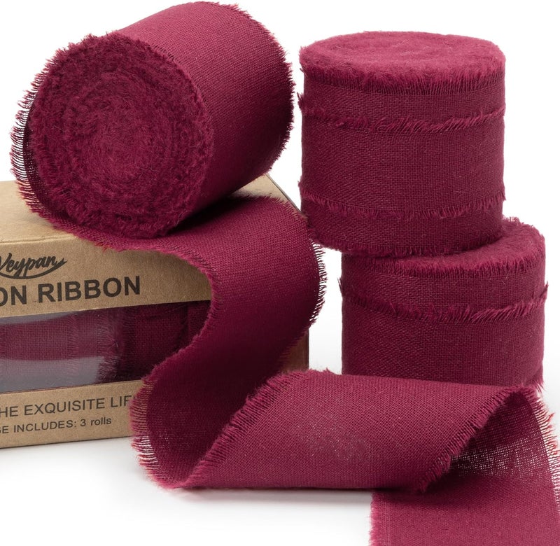 Keypan Burgundy Ribbon 1-1/2 x 15 Yards Handmade Cotton Frayed Fringe Fabric Ribbons for Crafts Flower Bouquets Wedding Baby Shower Home DIY Decor - Image 1